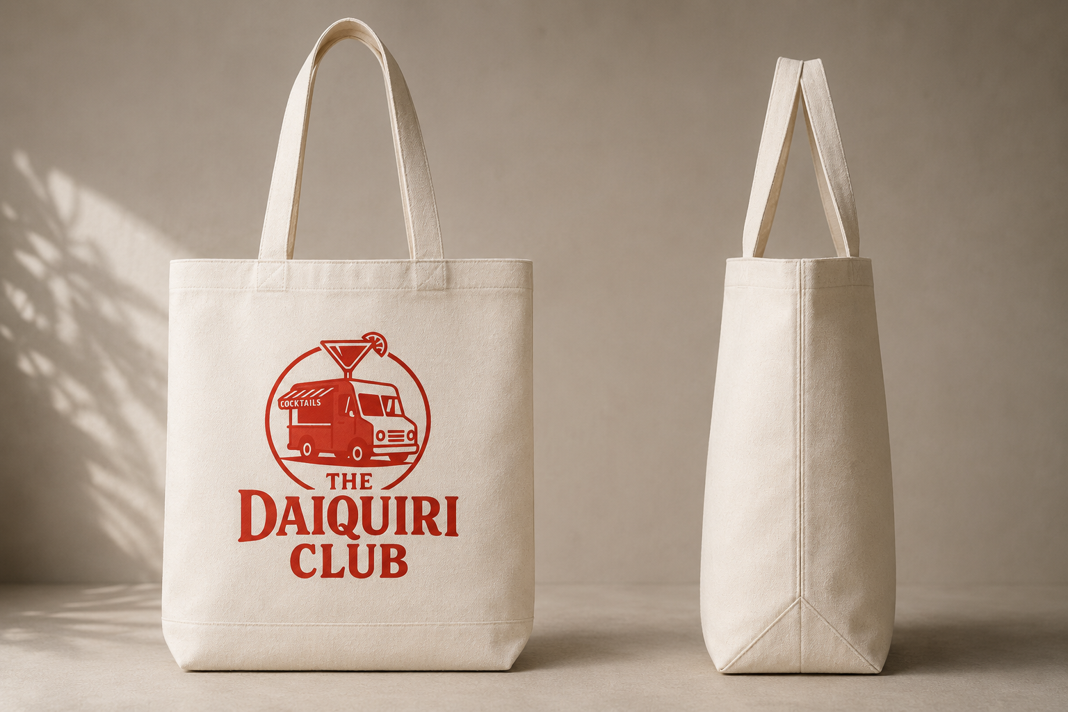 The Daiquiri Club natural canvas tote bag with red logo